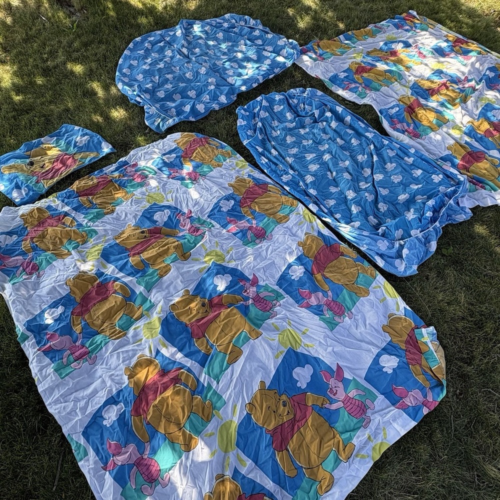 Vtg 90s Disney Winnie the Pooh 2 Twin 2 Flat Fitted Sheet 1 Pillow Case Set